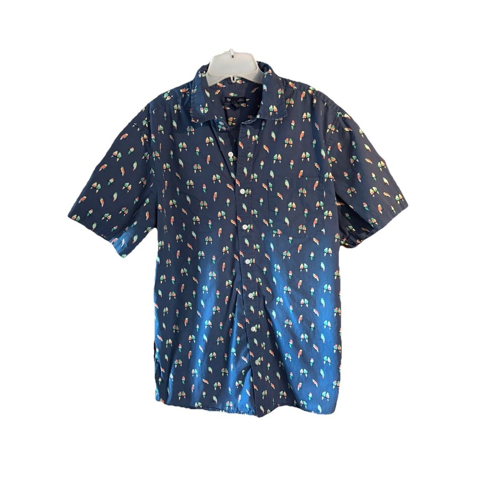 GAP Love Birds Parrots  XL Blue Button Down Shirt Slim Fit